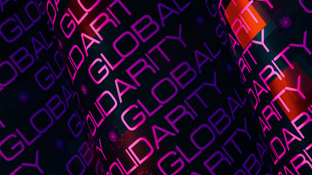 solidaridad global rosa púrpura letras rojas tubo de animación giratoria bucle sin costuras en fondo negro. 4k 3d renderización de texto cilindro bucle cinético para el título de solidaridad global o imágenes de campaña de tráiler.