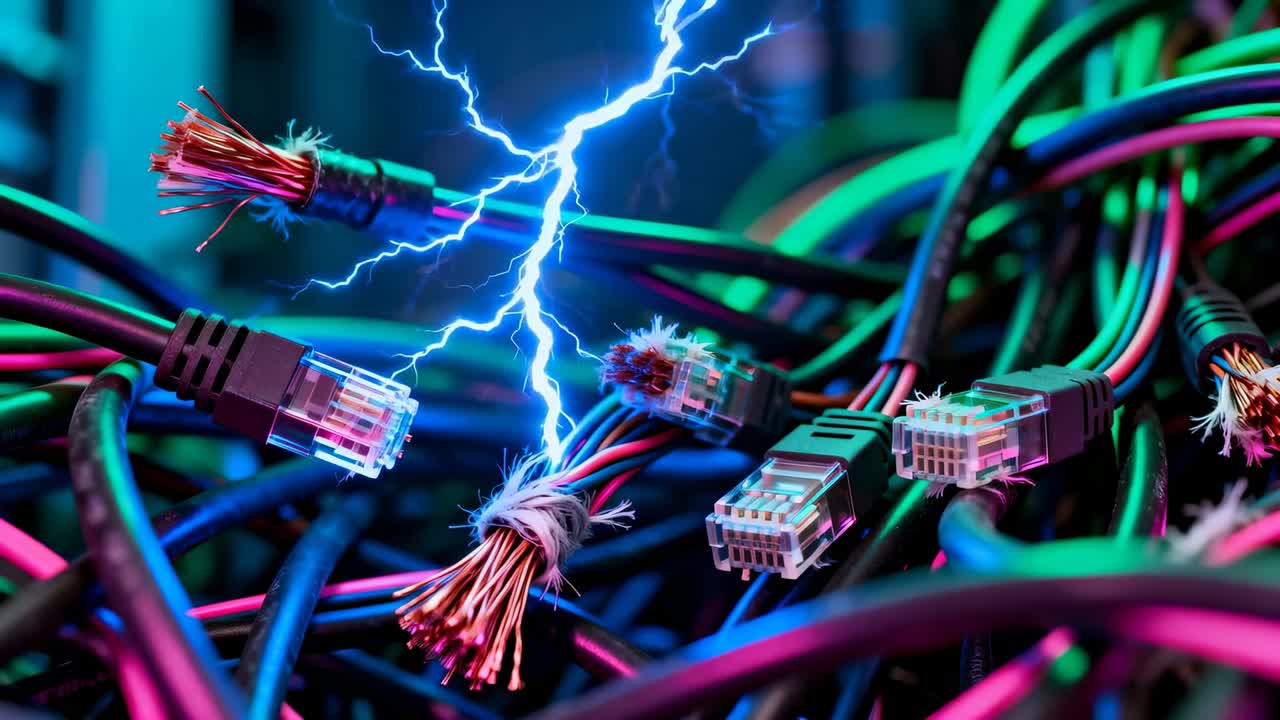 Arcing tangled cable bundle producing arcs in rack from conductors touching, with RJ45 connectors