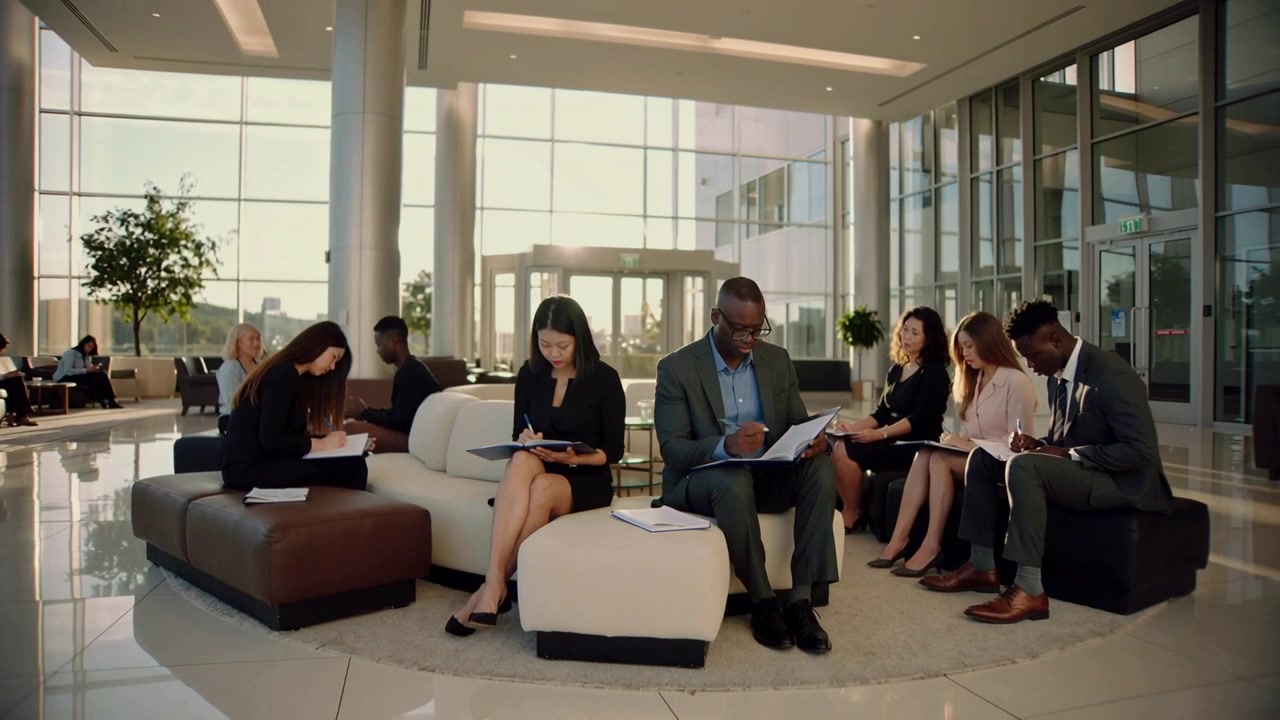 Pulling back camera showing group wearing suits, filling forms in lobby while waiting for interview