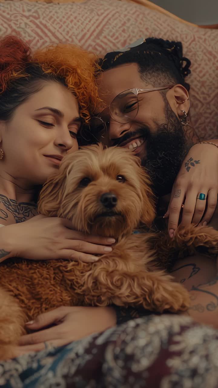 Video verticale: camera che riprende una coppia che si coccola e tiene un cane marrone sul letto per riscaldarsi, tatuaggi