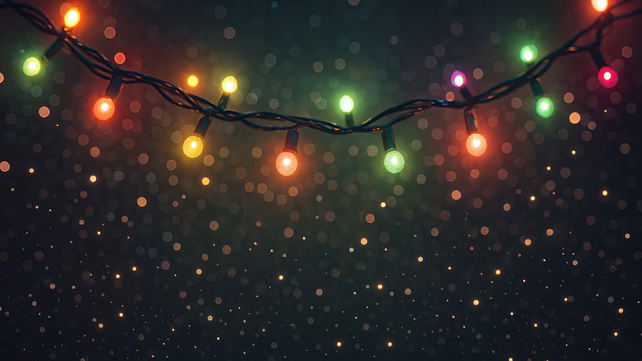 Festive string lights with bokeh effect, captured from a low angle, ideal for video backdrops