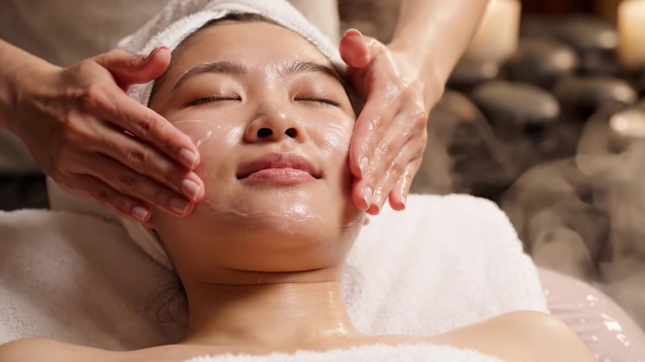 Relaxamento e Rejuvenescimento: Uma Experiência de Spa Tranquila Apresentando uma Mulher Desfrutando Prazerosamente de um Tratamento Facial Rodeada por Iluminação Suave e Atmosfera Calma.