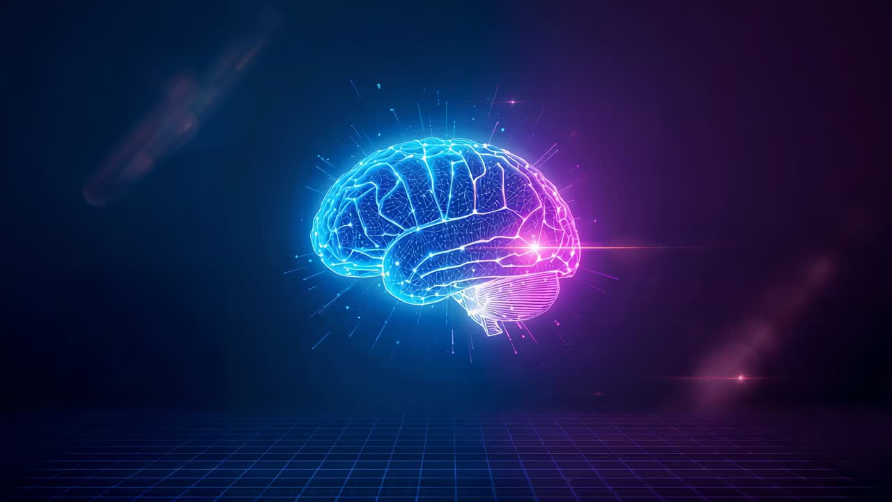 Activating 3D holographic brain rotating on neon grid, pulsing light with diagonal beam and partic