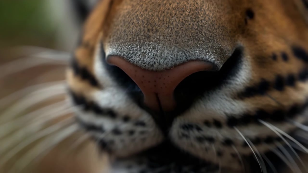 Tightly cropped eye-level view of tiger muzzle with moist pink nose, fine whiskers and gentle breathing motion, revealing textured fur, soft blur and alert wildlife character in natural light