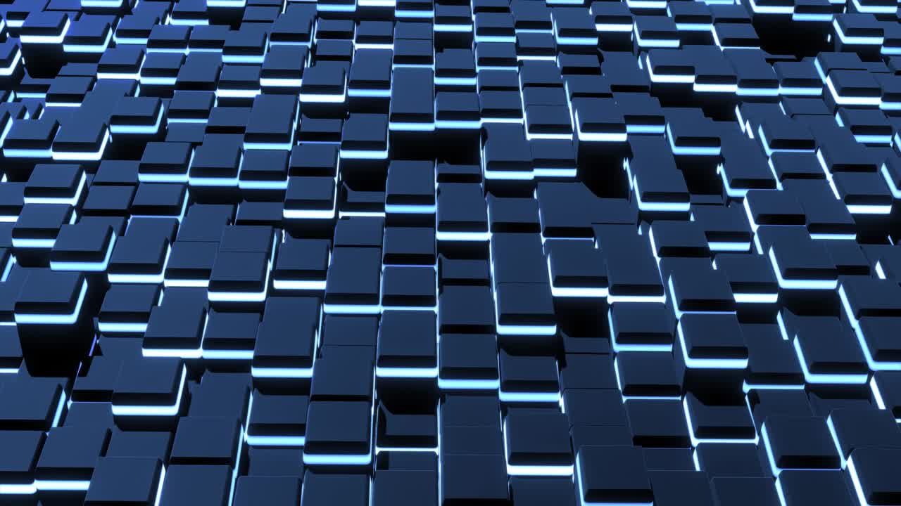 4k abstracto en bucle fondo oscuro ondas de cubos en el plano, luces de neón. cuadrícula de cubos como bombillas de neón azul. vj estilo de neón cyberpunk bg para evento, presentación. diseño de movimiento clásico simple telón de fondo