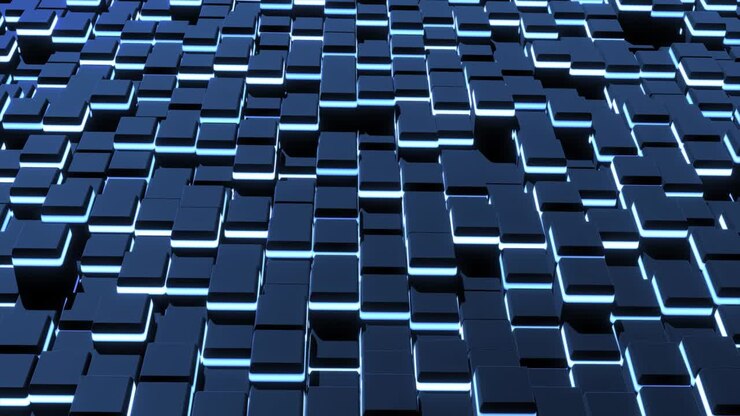 4k abstract looped dark background waves of cubes on plane, neon lights. Grid of cubes like blue neon bulbs. VJ cyberpunk neon style bg for event, presentation. Classic simple motion design backdrop