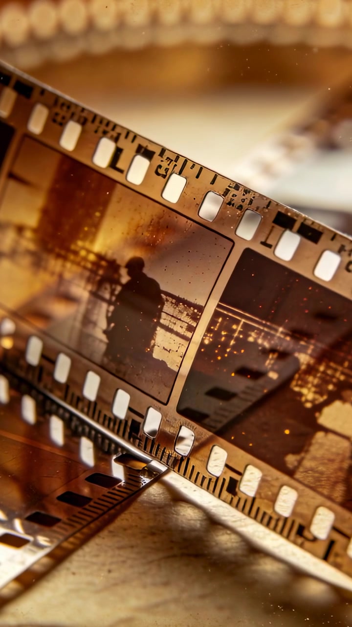 Vidéo verticale: Caméra se déplaçant, film 35mm glissant sur une table, montrant le grain et une silhouette de manteau