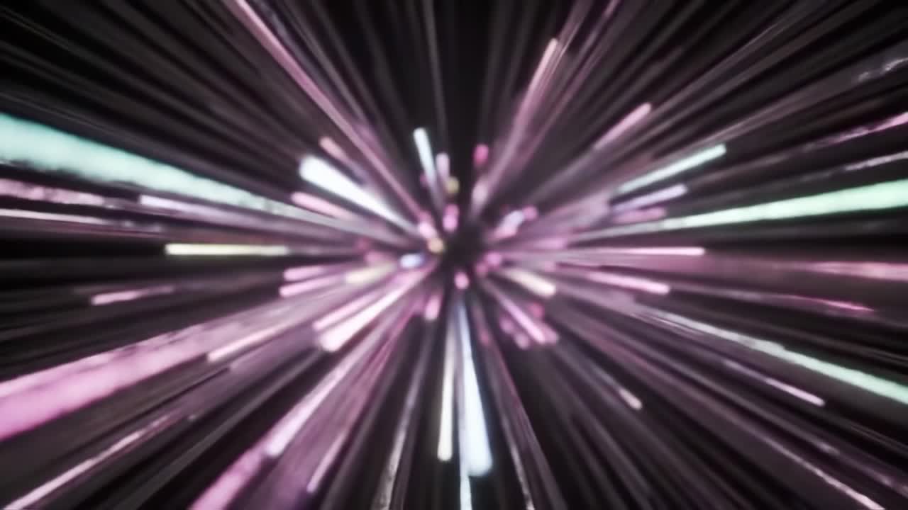 A mesmerizing display of colorful light bursts emanates from the center, creating a vibrant and dynamic atmosphere. The animation captivates with its fast-moving lines and radiant colors.