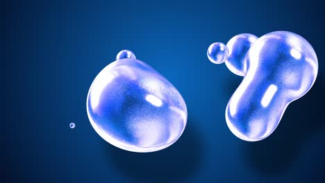 amasing abstract background of metaballs as if glass drops or spheres filled with blue sparkles merge together and scatter move around cyclically in 4k. looped seamless animation with glisten bubbles.