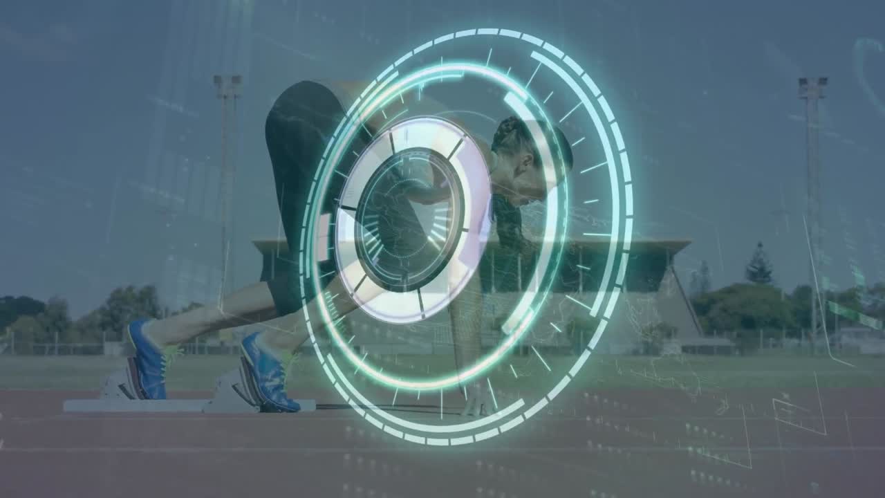 animación de un círculo en una pantalla digital sobre una mujer caucásica preparándose para correr en el estadio
