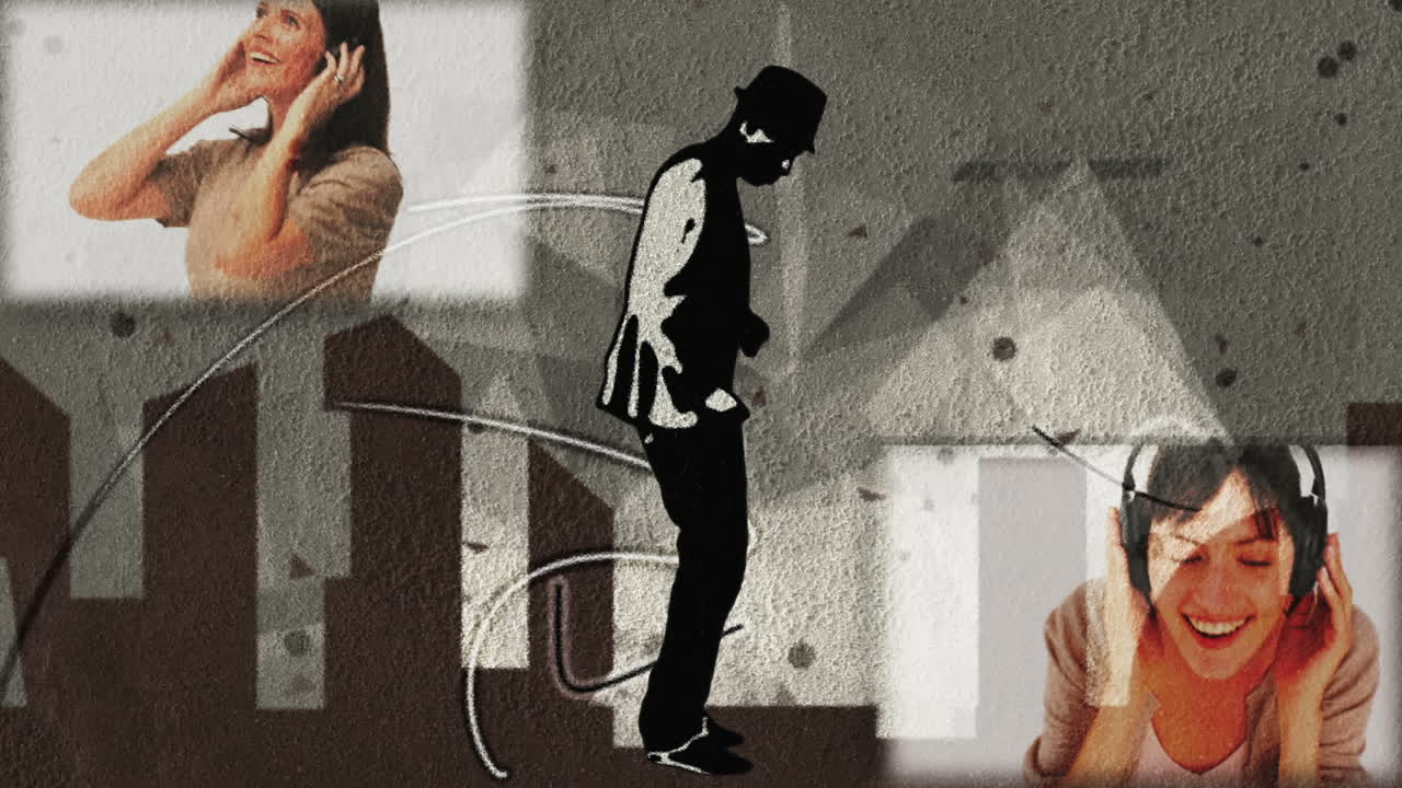 남자가 그의 양쪽의 헤드폰을 듣는 사람들의 클립과 함께 춤을 추고 있습니다.