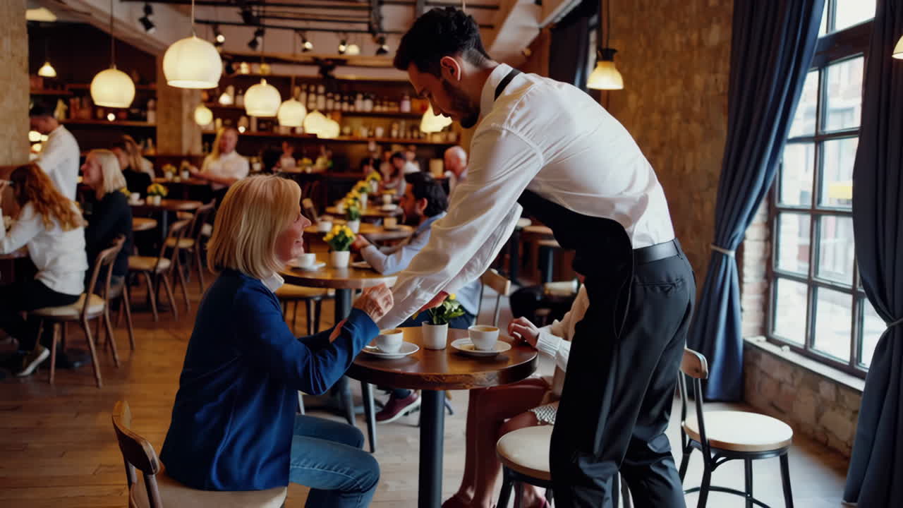 Cafe Scene with Wait Staff Serving Customers