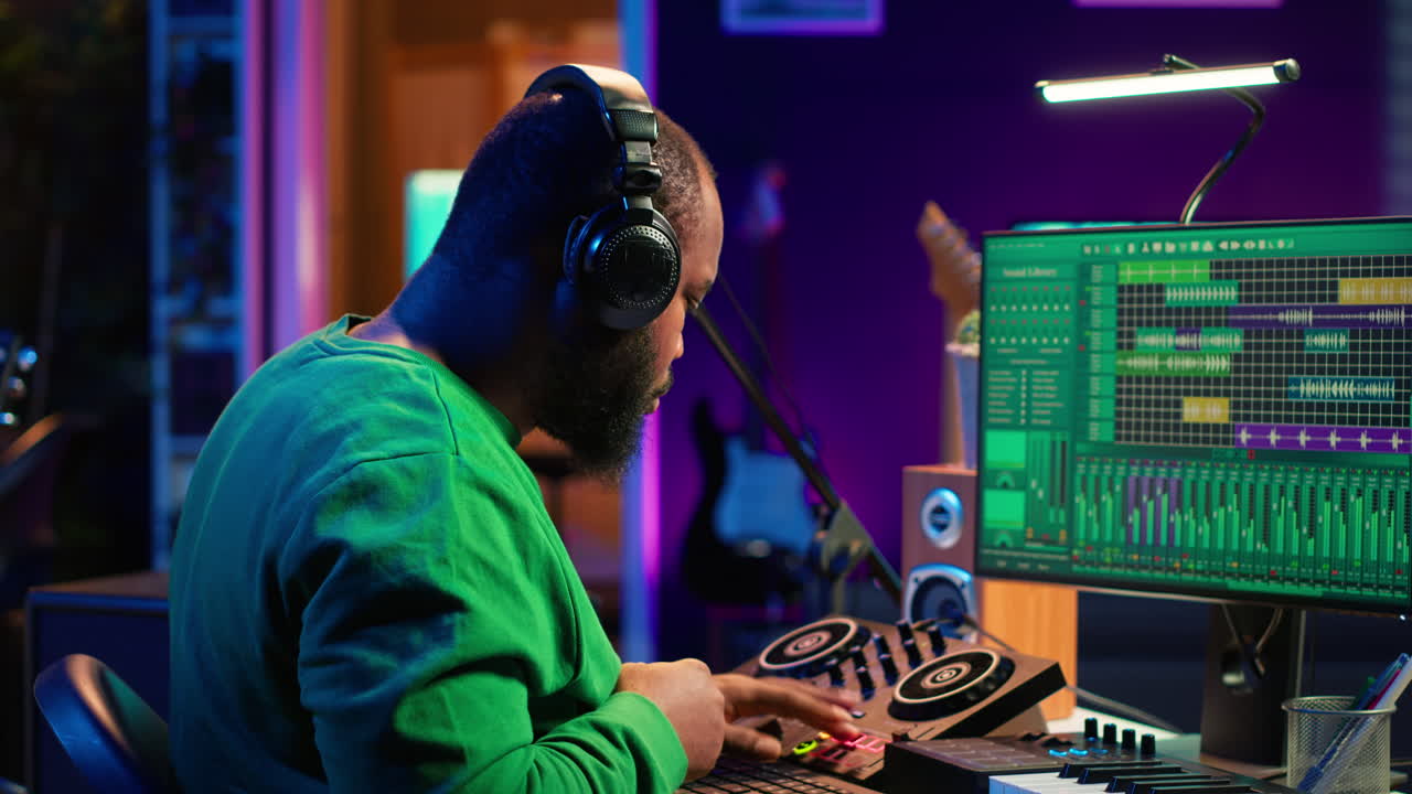 músico talentoso mezclando y masterizando canciones en una consola