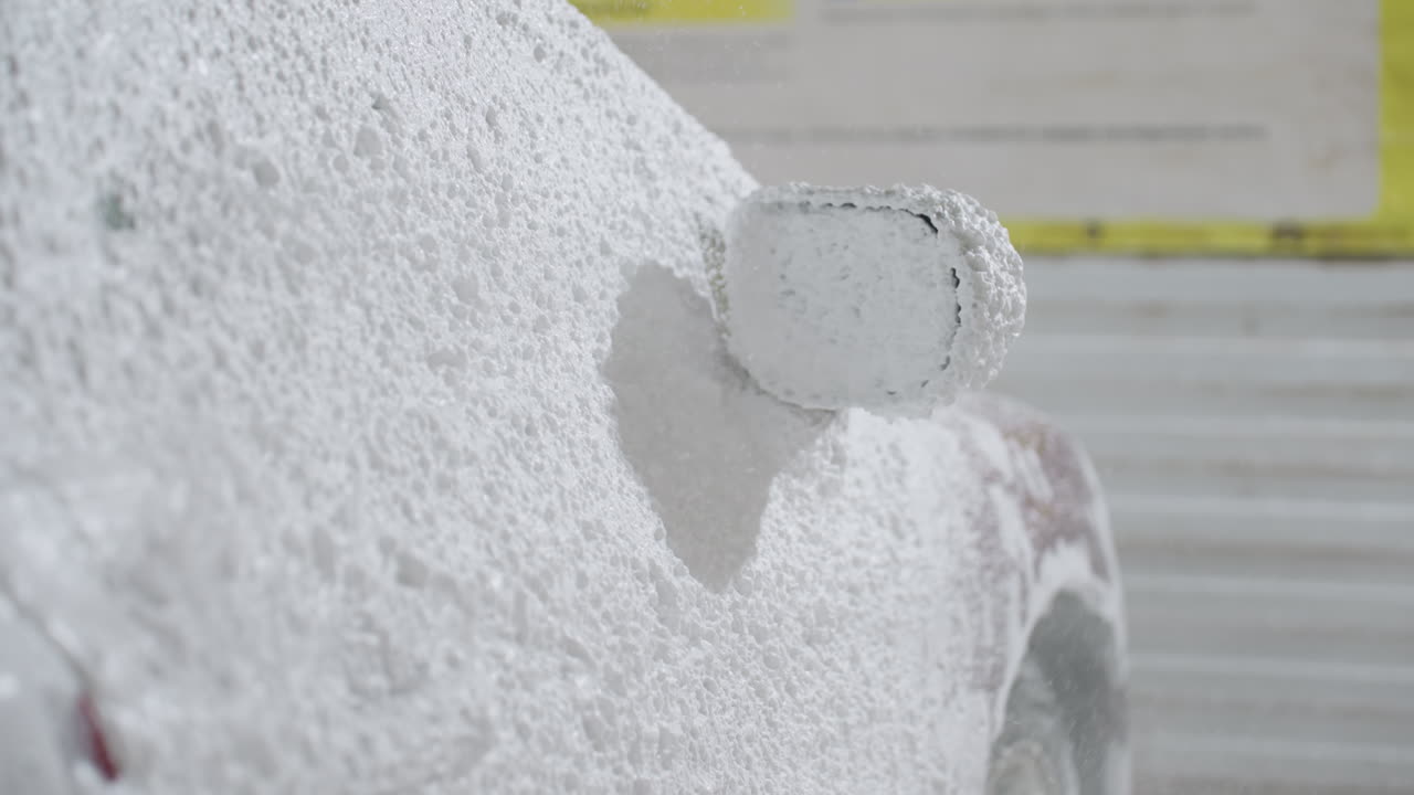 Side close up of soapy foam splashing and covering side mirror of red car during washing process with high pressure spray forming thick white bubbles across vehicle surface inside garage environment
