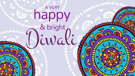animación de texto feliz de diwali y formas coloridas sobre fondo rosa