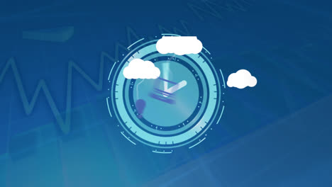 animation of clouds with icons over graph and moving clock