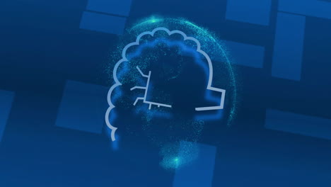 digital brain animation with glowing particles over blue geometric background