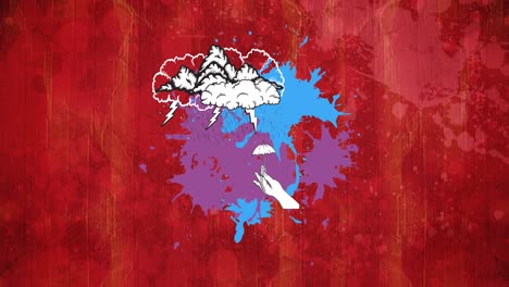 animación de iconos de manos y nubes sobre fondo rojo