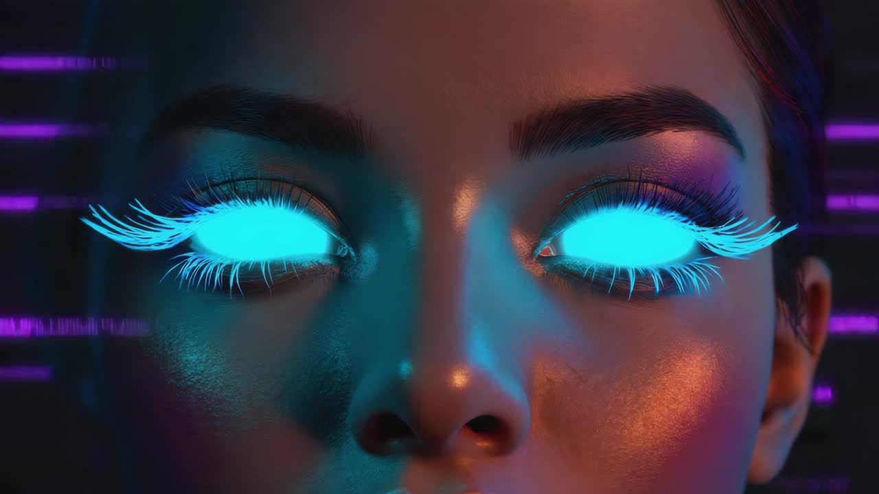 A woman with glowing blue eyes and long lashes