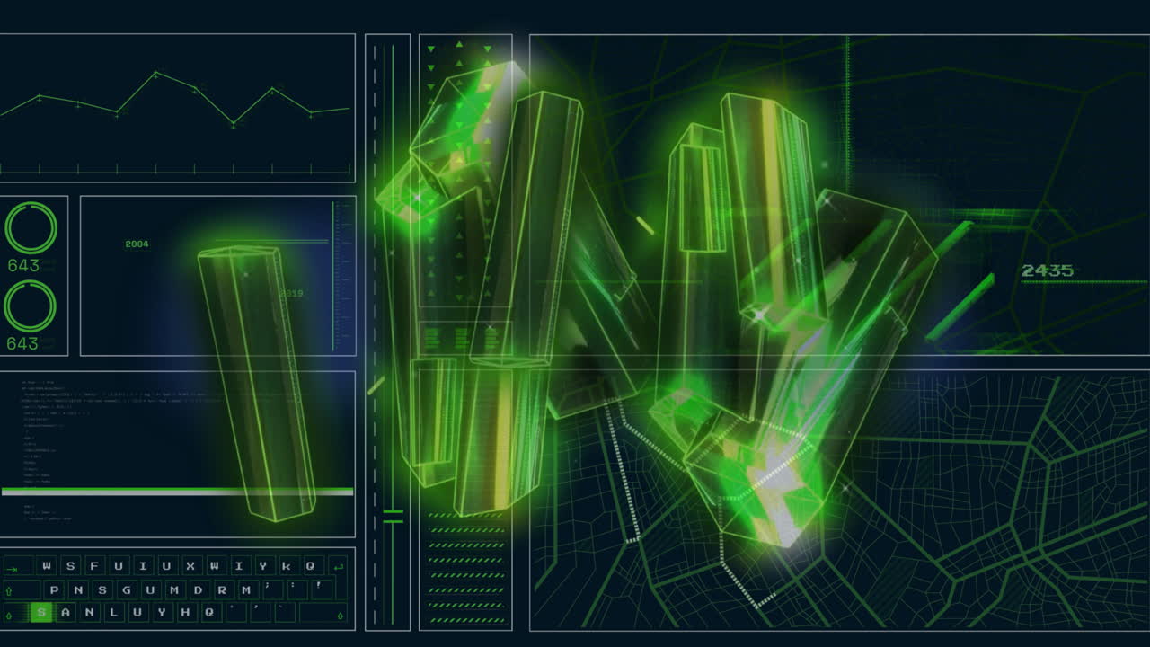 animación de cristales verdes sobre diagramas y mapa sobre fondo negro