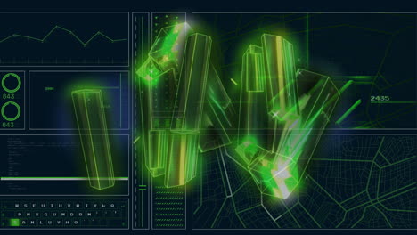 Animation-Von-Grünen-Kristallen-über-Diagrammen-Und-Karte-Auf-Schwarzem-Hintergrund