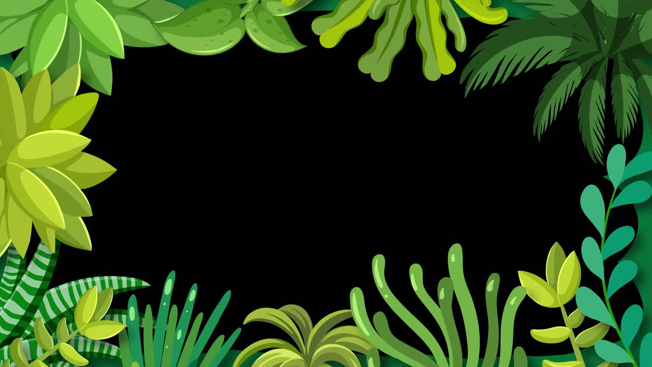 Vector-style tropical leaves and plants smoothly animate inward, forming a lush green border around a central black screen, ideal for text or graphics overlays