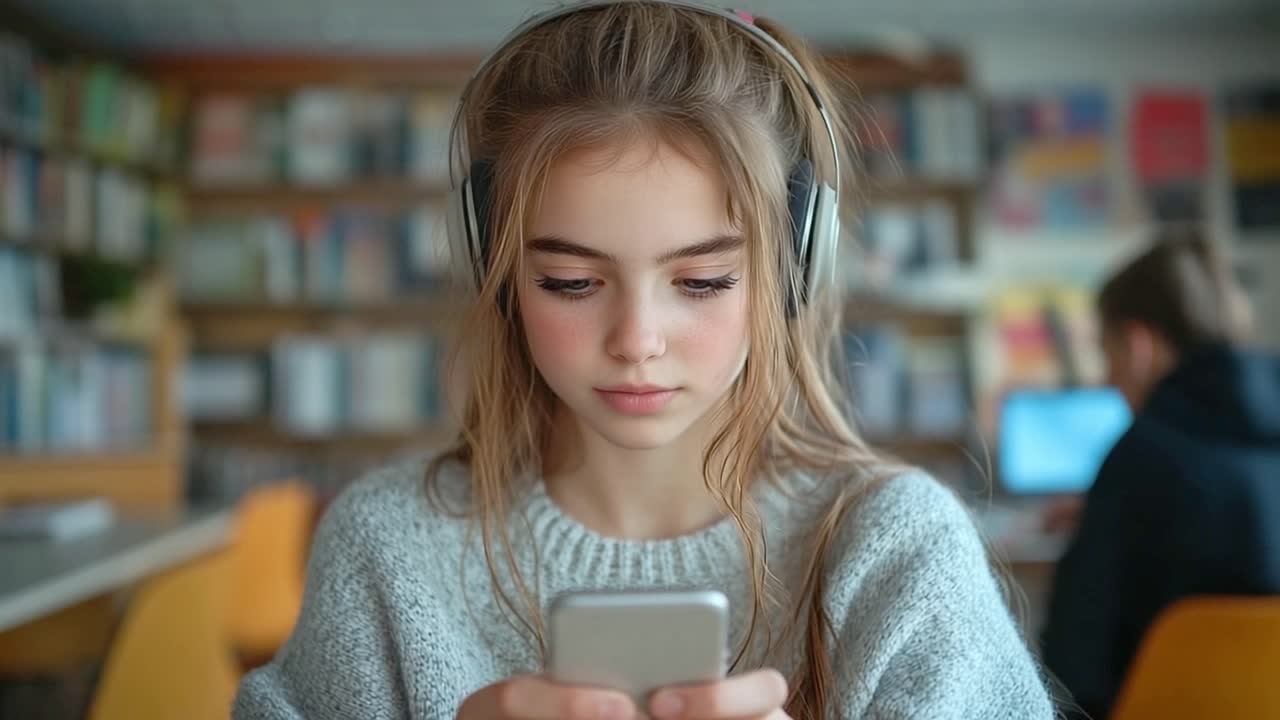 Girl using smartphone with headphones in library