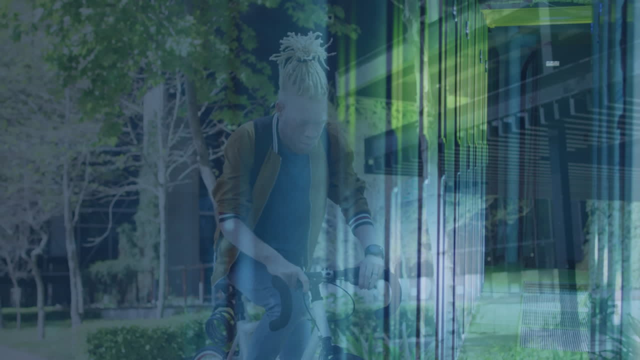 Person riding bicycle with digital data animation overlay in urban park setting