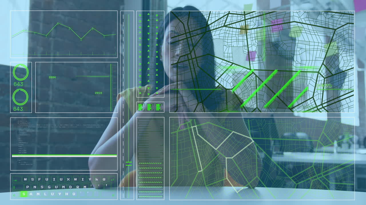 woman data analyst leaning hand examining technology interface showing animated graphs gauges maps