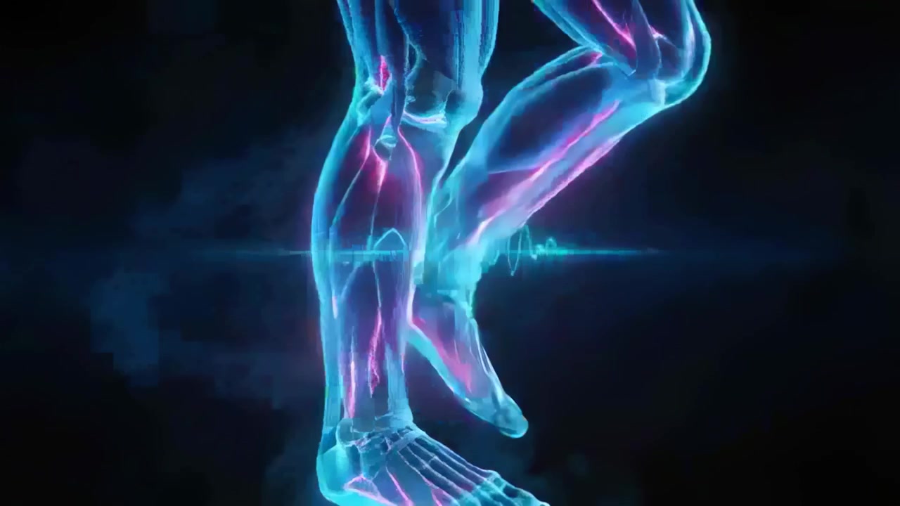 Shifting weight, neon 3D leg model performing walking stride in digital studio, with ECG waveform