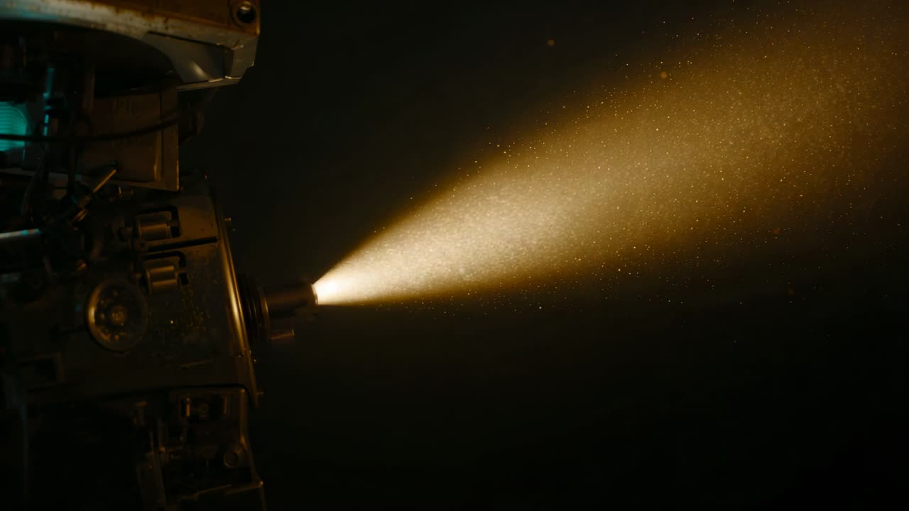 Applying power to vintage projector projecting beam through lens housing revealing dust, copy space