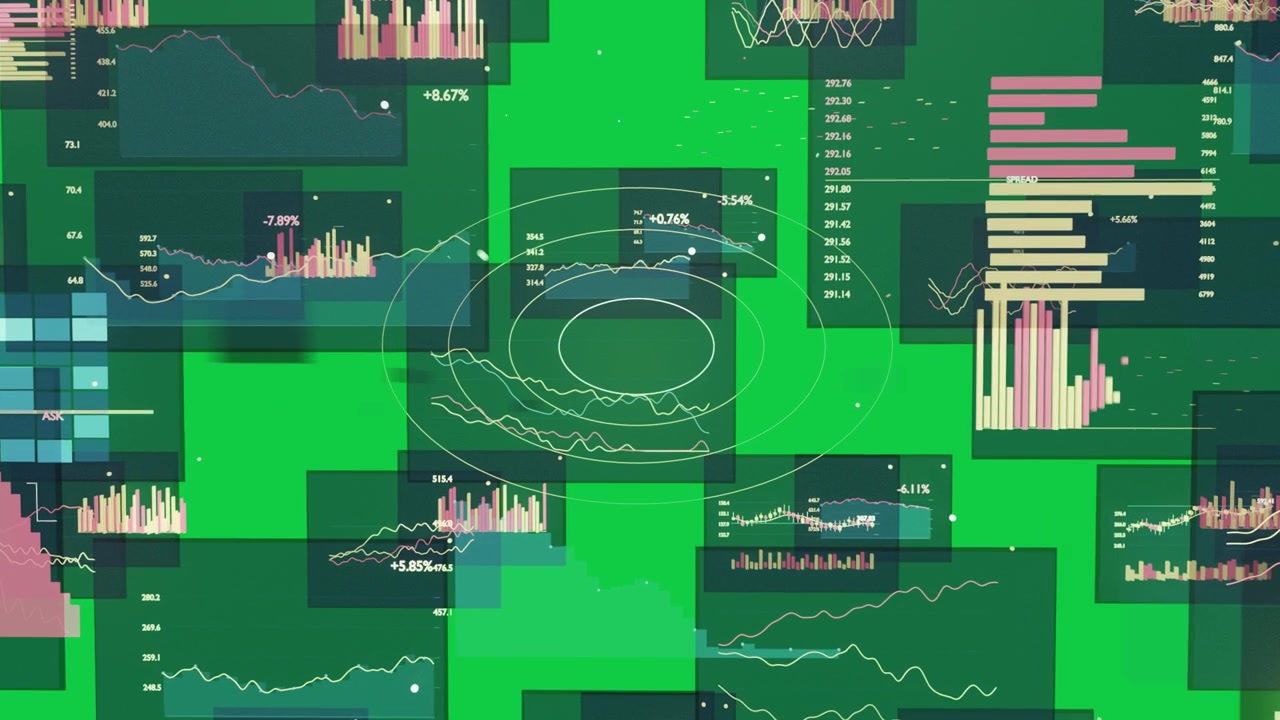 Feed arriving, panels shifting, oval rings growing, charts updating over transparent backdrop