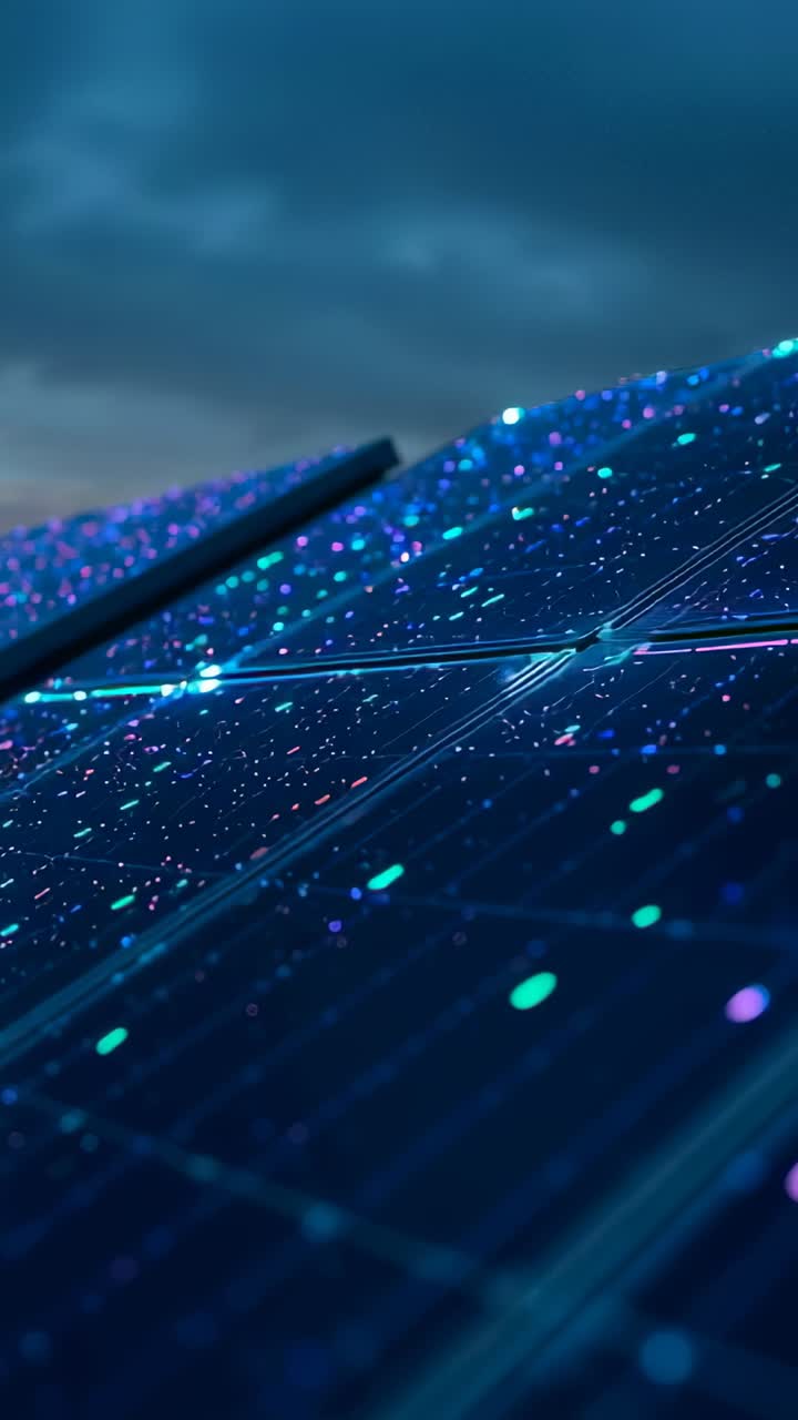 Vertical video: Starting camera low filming tilted PV panels pulsing specks to show energy at dusk
