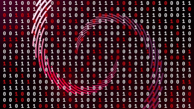 Binary code with swirling red and white lines, data processing animation