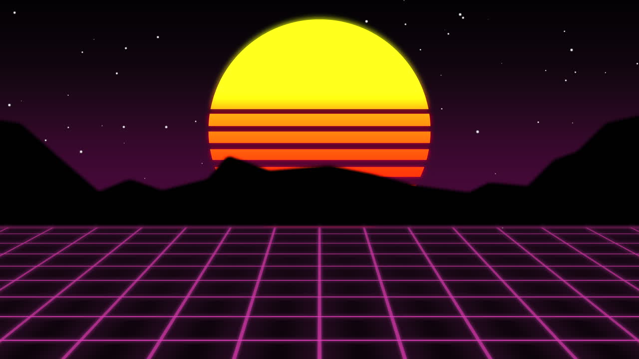 산 위의 해가 지는 80년대 컴퓨터 그래픽