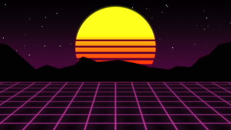 sunset over mountains vibrantly rendered 80s computer graphic