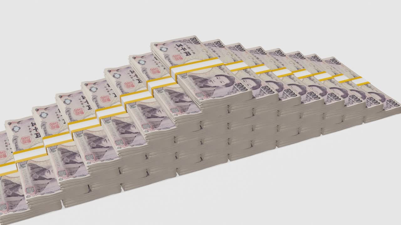 Many wads of money. 5000 Japanese Yen banknotes. Stacks of money.