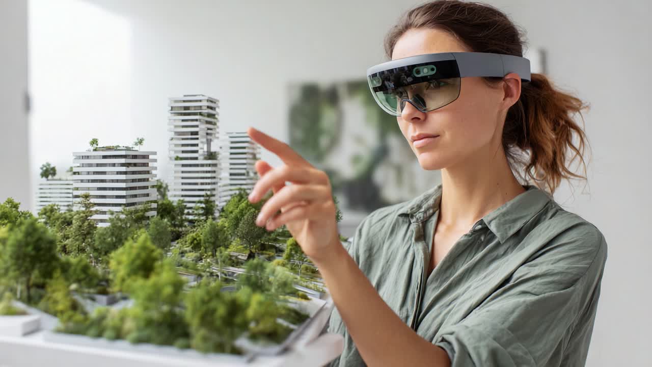 Innovative Augmented Reality Experience: A Woman Engages with a City Model Using Advanced Smart Glasses in a Modern Design Environment for Urban Planning