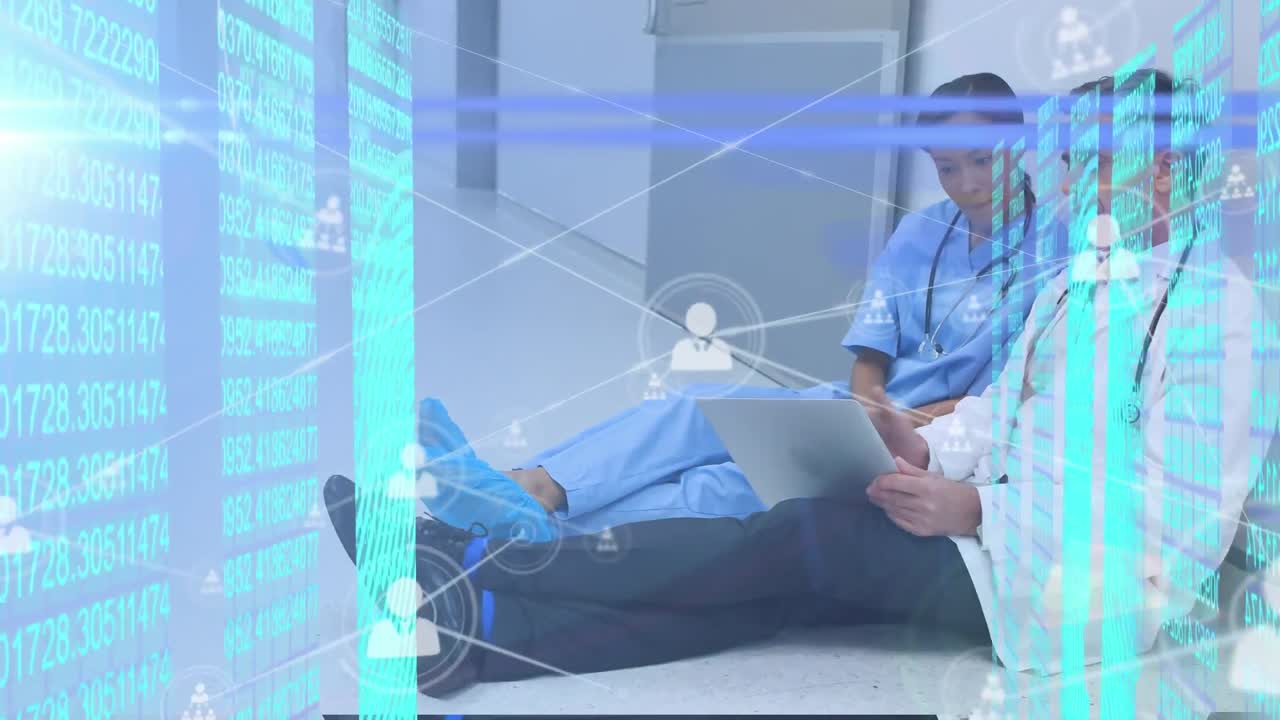 animación de la red de conexiones con iconos y procesamiento de datos sobre diversos médicos