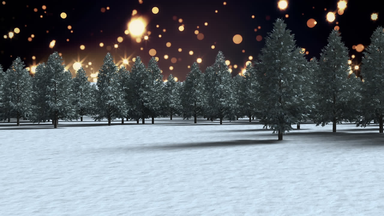 animación de puntos brillantes de luz sobre abetos en un paisaje de invierno