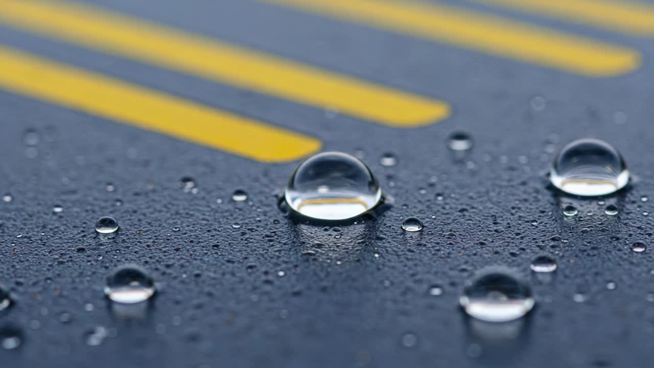 Glassy Water Droplets on a Textured Surface with Yellow Lines: A Close-Up Study of Light Refraction and Surface Tension