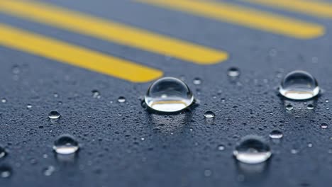 glassy water droplets on a textured surface with yellow lines: a close-up study of light refraction and surface tension