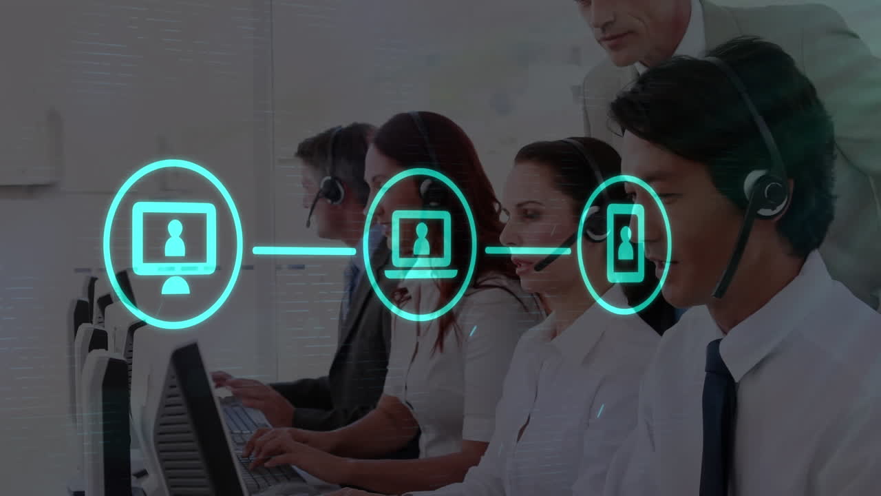 animación de iconos de los medios sobre diversas personas de negocios en la oficina