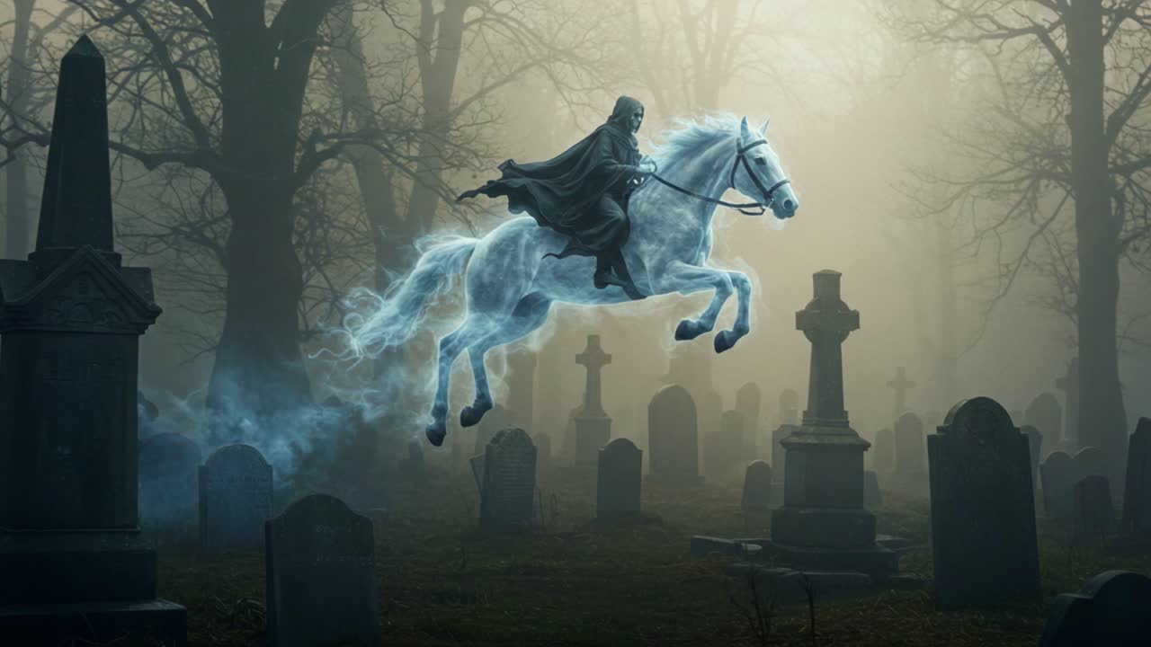 A Spectral Rider on a Ghostly Horse in a Graveyard, Surrounded by Eerie Tombstones and Shrouded in Mysterious Fog, Evoking a Haunting Atmosphere