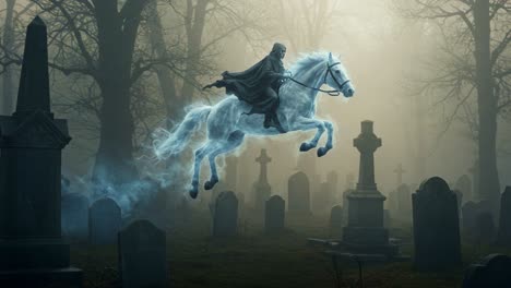 a spectral rider on a ghostly horse in a graveyard, surrounded by eerie tombstones and shrouded in mysterious fog, evoking a haunting atmosphere