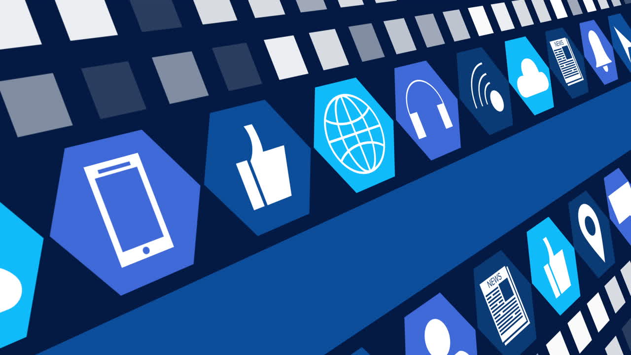 디지털 온라인 아이콘과 어두운 파란색 배경에 움직이는 파란색 줄무 ⁇ 의 애니메이션