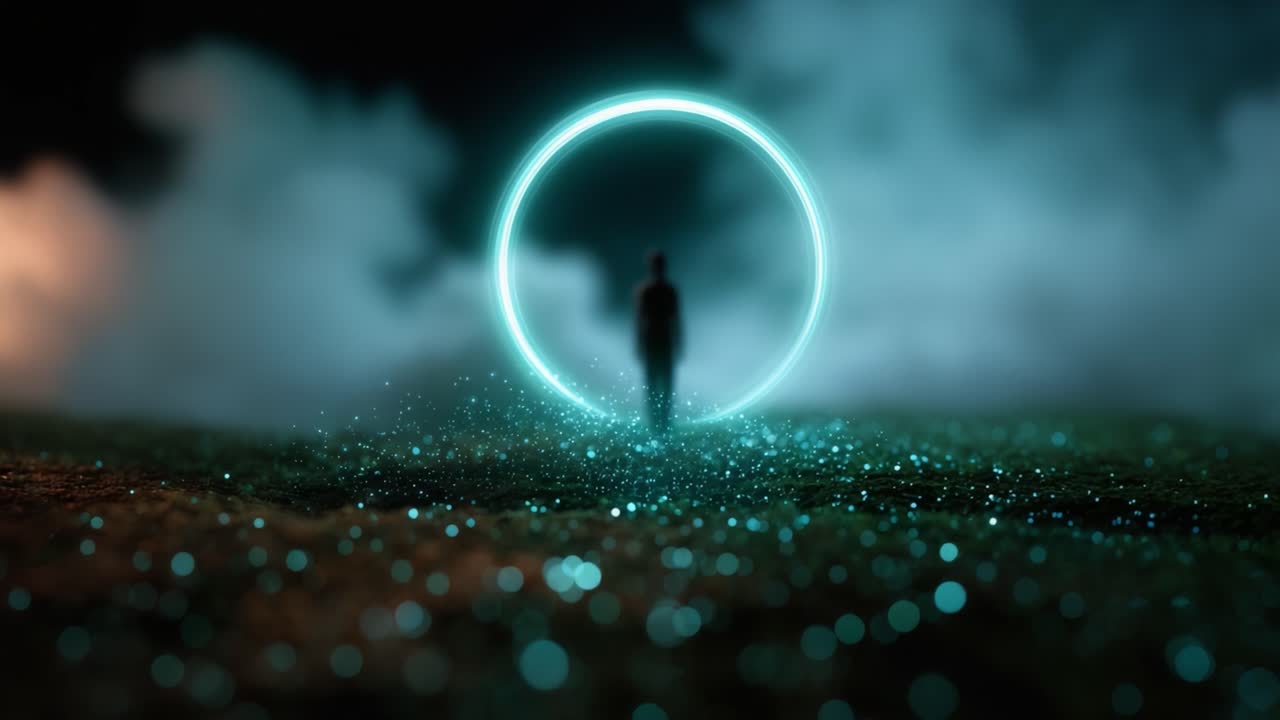 Mysterious silhouette stands in a glowing circle surrounded by ethereal fog and sparkling particles, evoking a sense of wonder and intrigue in a surreal landscape