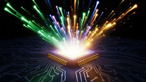 explosive visual representation of a microchip surrounded by colorful sparks, symbolizing innovation and high-tech energy in modern computing