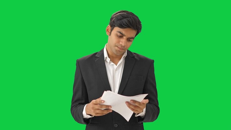 empresario indio enfocado leyendo contratos pantalla verde