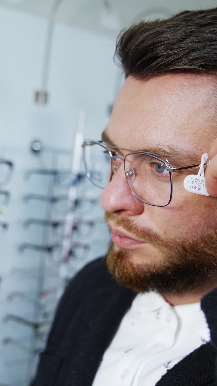 Patient in optics store. Male patient with new eyeglasses in store. Vertical video